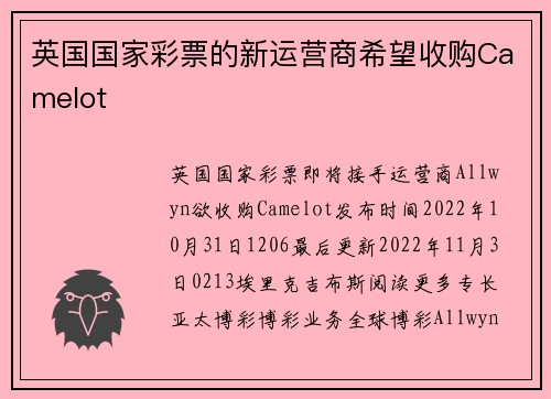 英国国家彩票的新运营商希望收购Camelot 